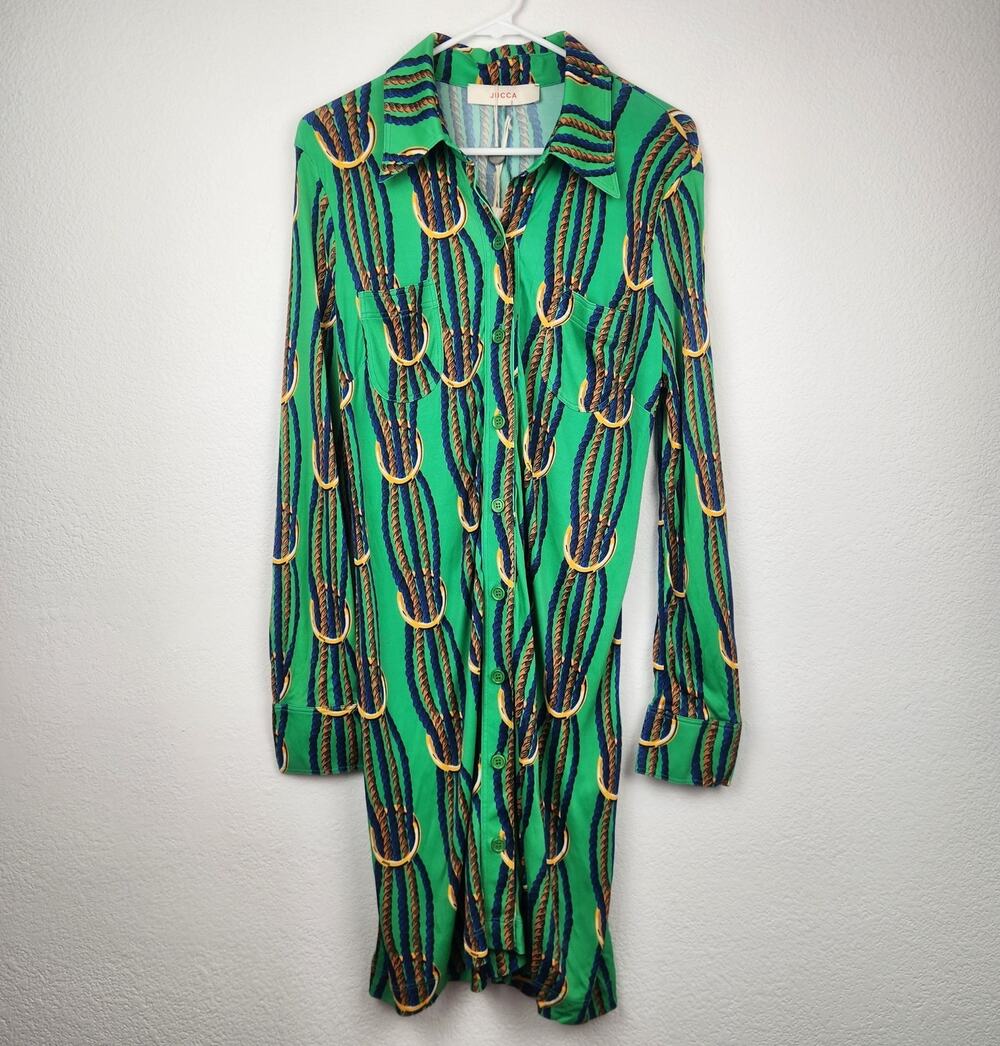 Jucca Green Dress Ropes Button Down Long Sleeve Size 46 Italian US Size 10 NWT